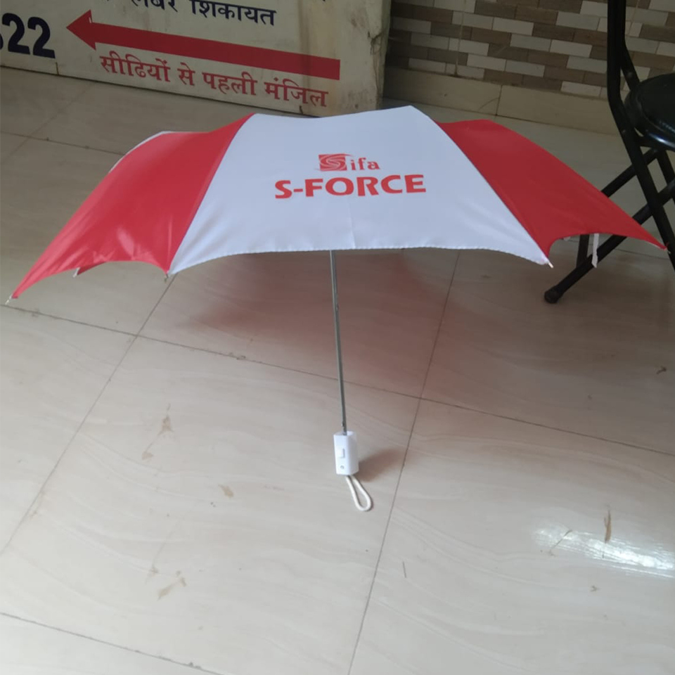 Pbs Prachar Bharat promotional umbrella in 2 folds with iron ribs rustless material and waterproof fabric.